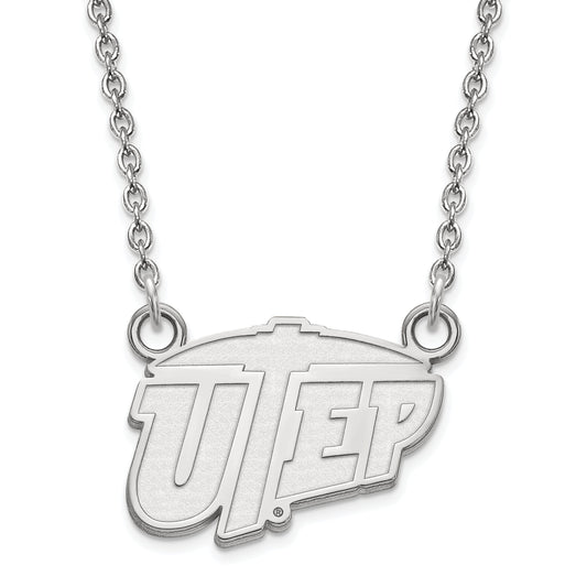 Sterling Silver Rhodium Plated Logoart University Of Texas At El Paso Small Pendant 18 Inch Necklace