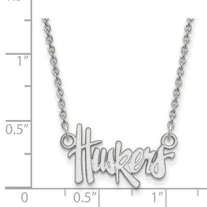 Sterling Silver Rhodium Plated Logoart University Of Nebraska Huskers Script Small Pendant 18 Inch Necklace