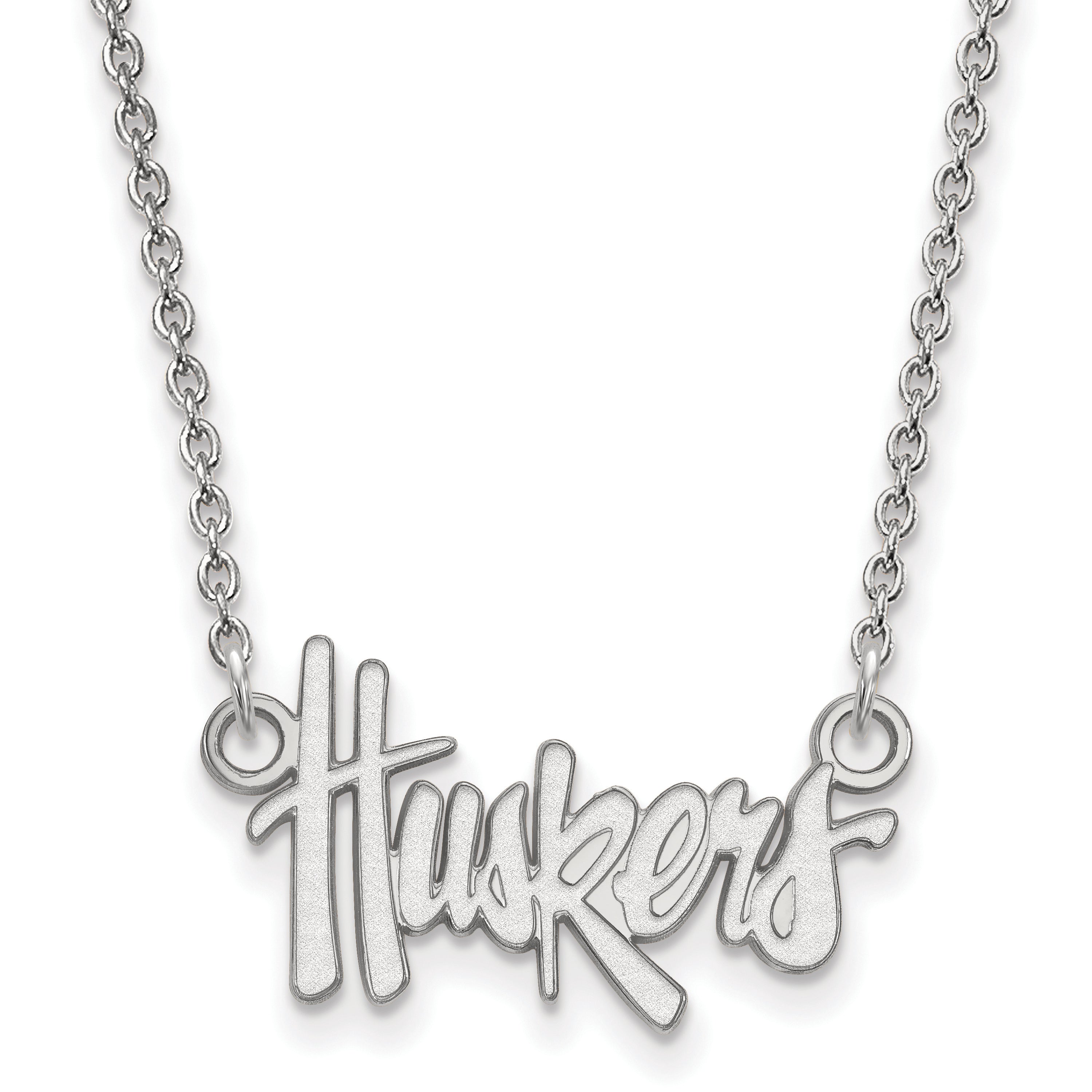 Sterling Silver Rhodium Plated Logoart University Of Nebraska Huskers Script Small Pendant 18 Inch Necklace