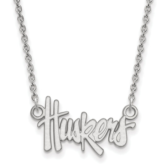 Sterling Silver Rhodium Plated Logoart University Of Nebraska Huskers Script Small Pendant 18 Inch Necklace