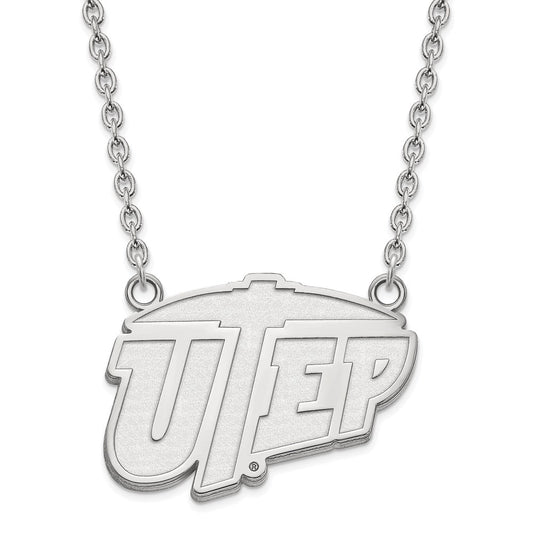 Sterling Silver Rhodium Plated Logoart University Of Texas At El Paso Large Pendant 18 Inch Necklace