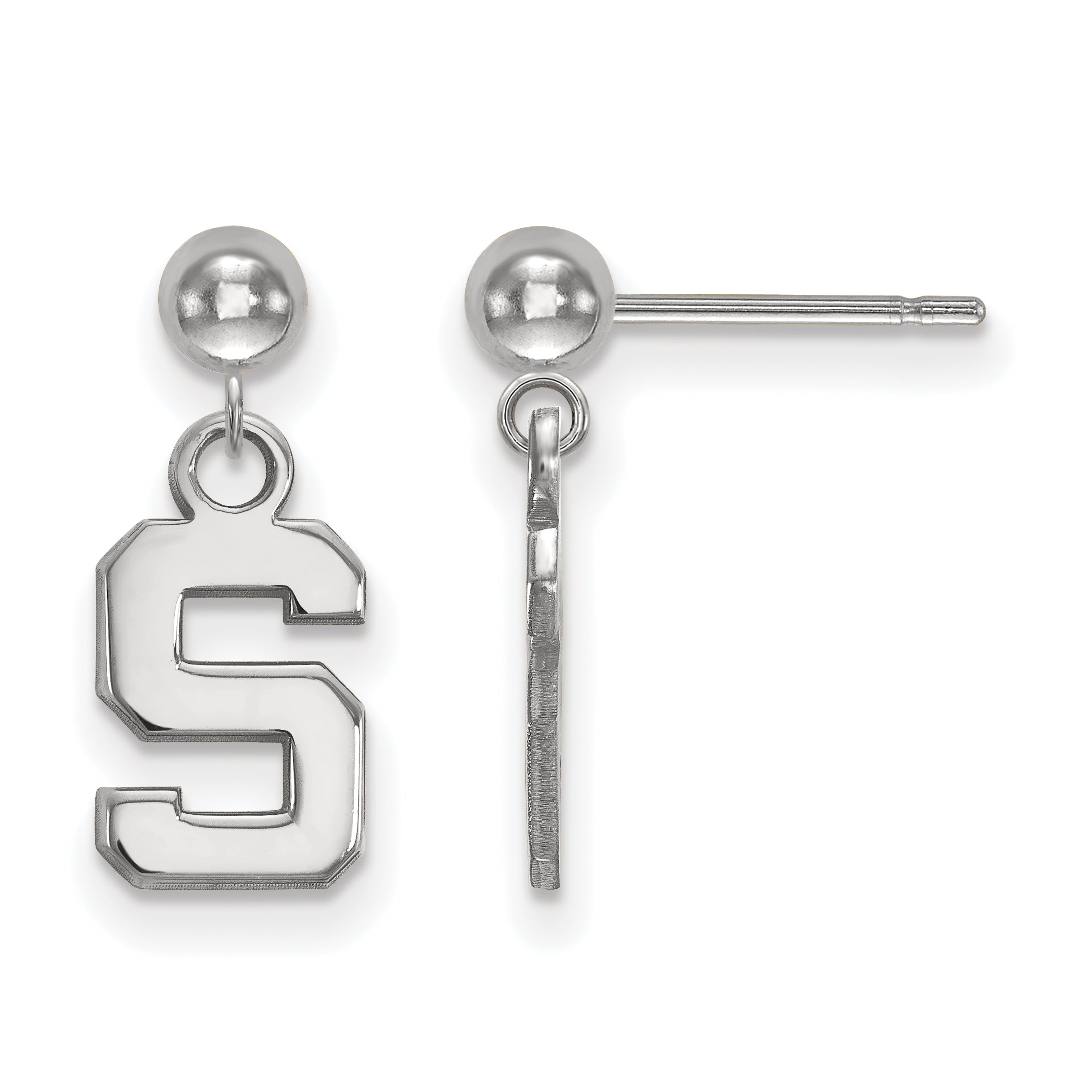 Sterling Silver Rhodium Plated Logoart Michigan State University Letter S Dangle Ball Post Earrings