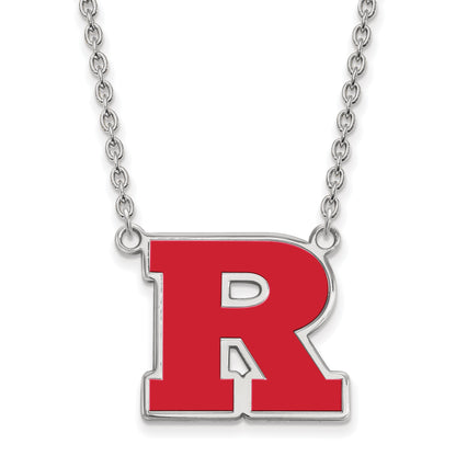 Sterling Silver Rhodium Plated Logoart Rutgers University Letter R Large Enameled Pendant 18 Inch Necklace