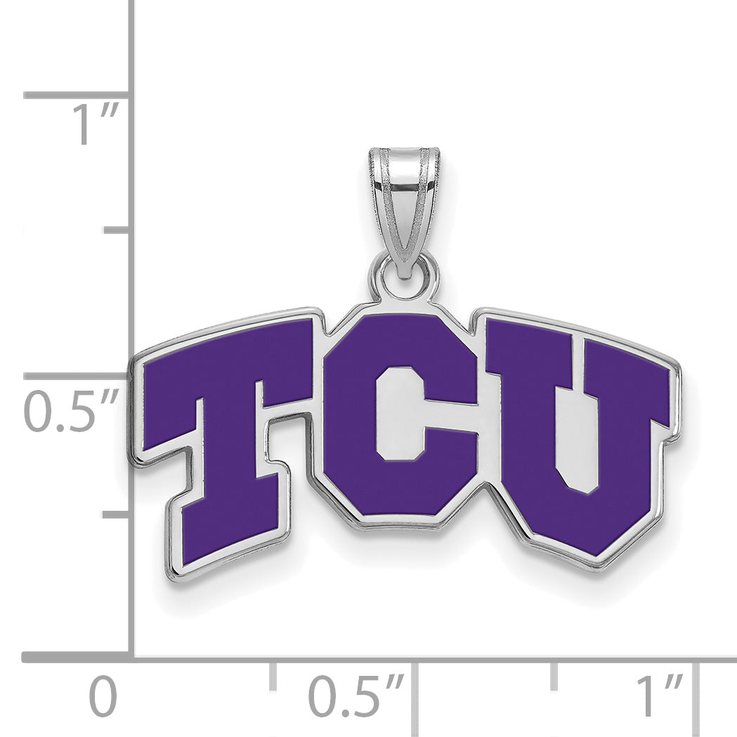 Sterling Silver Rhodium Plated Logoart Texas Christian University T C U Small Enameled Pendant