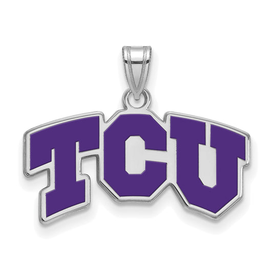 Sterling Silver Rhodium Plated Logoart Texas Christian University T C U Small Enameled Pendant