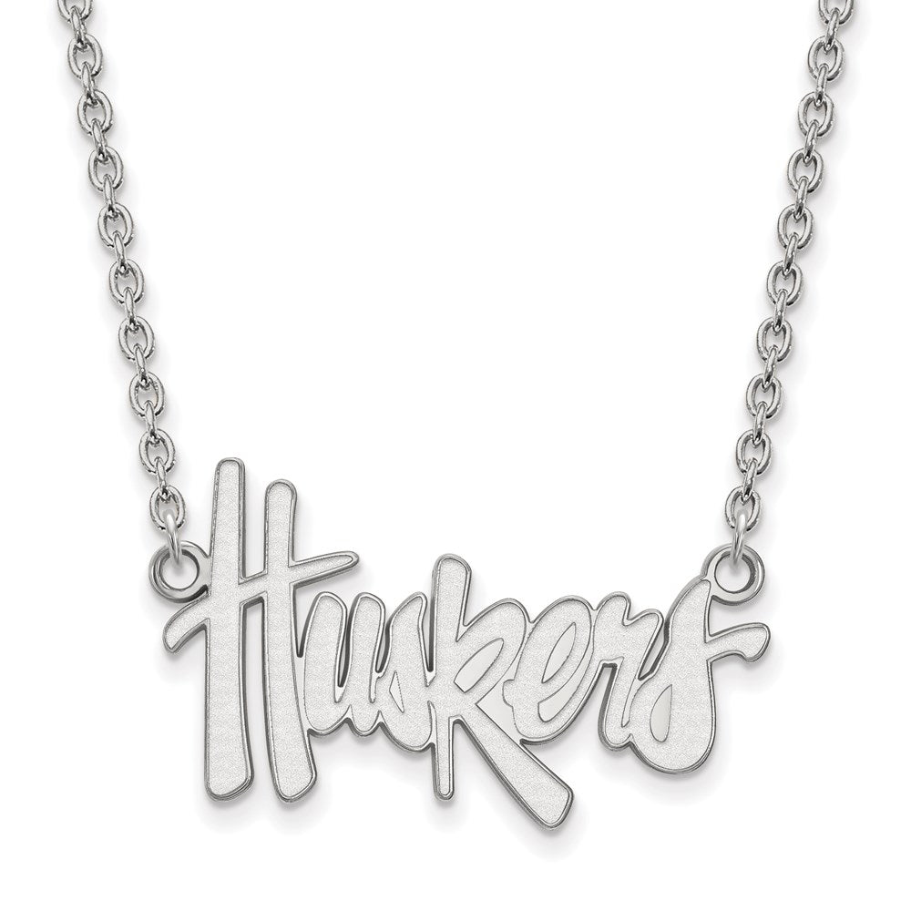 Sterling Silver Rhodium Plated Logoart University Of Nebraska Huskers Script Large Pendant 18 Inch Necklace