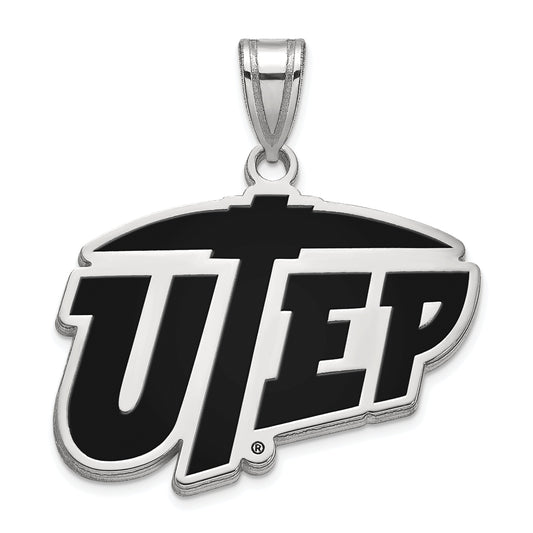 Sterling Silver Rhodium Plated Logoart University Of Texas At El Paso Large Enameled Pendant