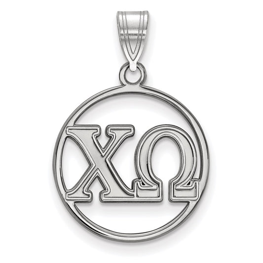 Sterling Silver Rhodium Plated Logoart Chi Omega Sorority Greek Letters Small Circle Pendant