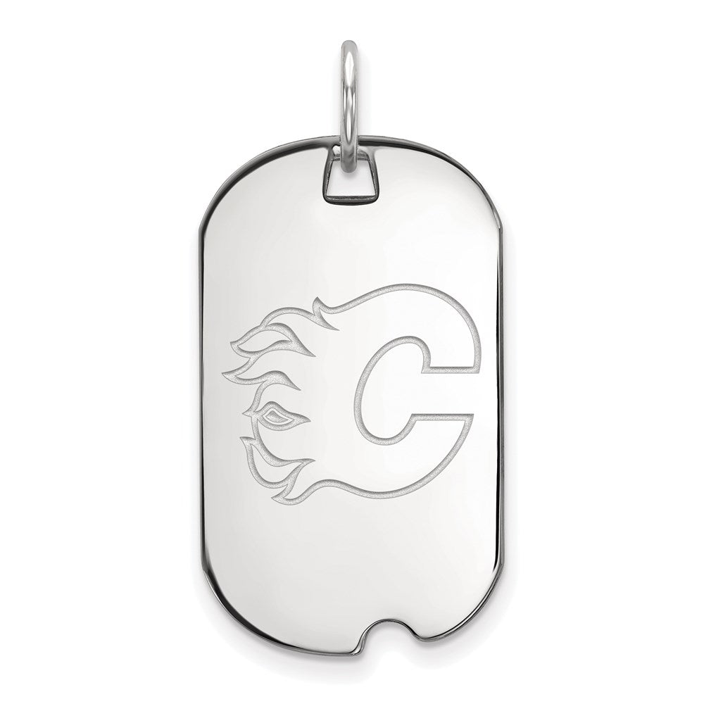 Sterling Silver Rhodium Plated Nhl Logoart Calgary Flames Small Dog Tag Pendant