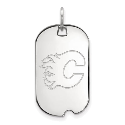 Sterling Silver Rhodium Plated Nhl Logoart Calgary Flames Small Dog Tag Pendant