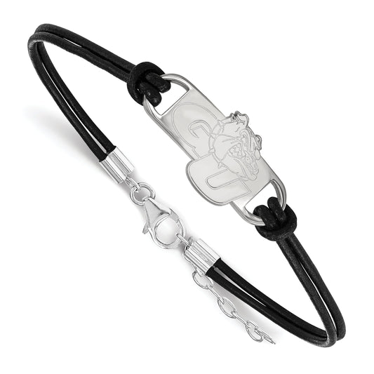 Sterling Silver Rhodium Plated Logoart Gonzaga University G U Bulldog Small Center Black Leather 7 Inch Bracelet With Extender