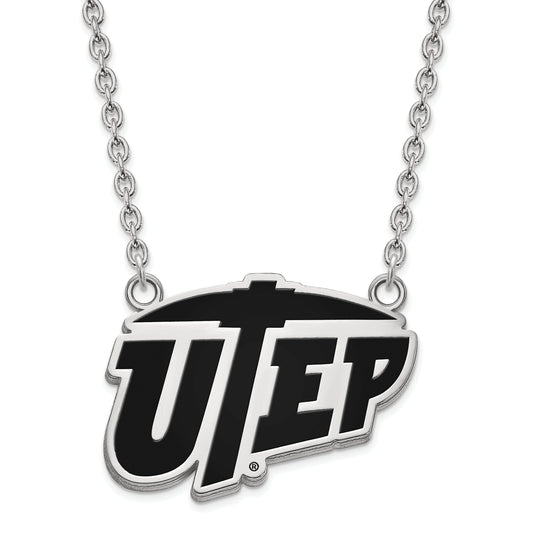 Sterling Silver Rhodium Plated Logoart University Of Texas At El Paso Large Enameled Pendant 18 Inch Necklace
