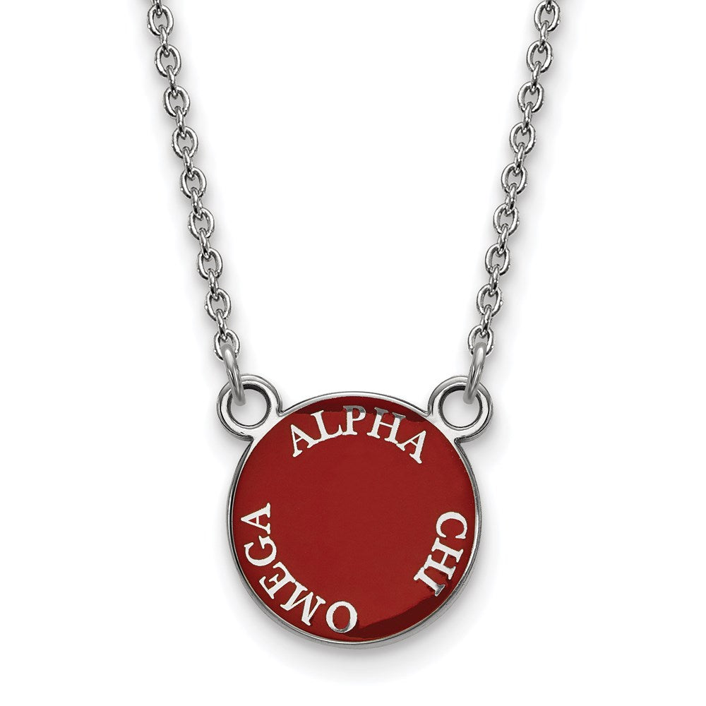 Sterling Silver Rhodium Plated Logoart Alpha Chi Omega Sorority Text Small Color Enamel Pendant 18 Inch Necklace