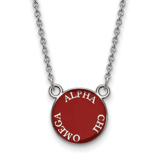 Sterling Silver Rhodium Plated Logoart Alpha Chi Omega Sorority Text Small Color Enamel Pendant 18 Inch Necklace