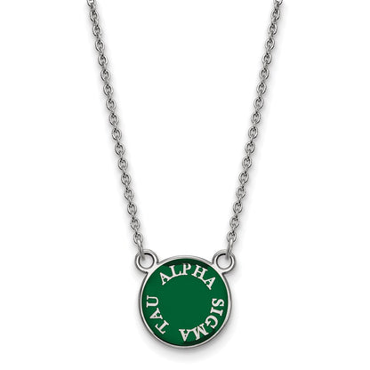 Sterling Silver Rhodium Plated Logoart Alpha Sigma Tau Extra Sorority Text Small Color Enamel Pendant 18 Inch Necklace