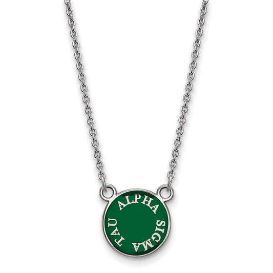Sterling Silver Rhodium Plated Logoart Alpha Sigma Tau Extra Sorority Text Small Color Enamel Pendant 18 Inch Necklace