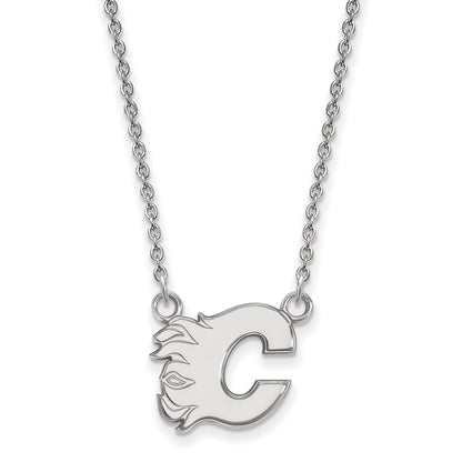 Sterling Silver Rhodium Plated Nhl Logoart Calgary Flames Letter C Small Pendant 18 Inch Necklace