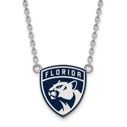 Sterling Silver Rhodium Plated Nhl Logoart Florida Panthers Large Enameled Pendant 18 Inch Necklace