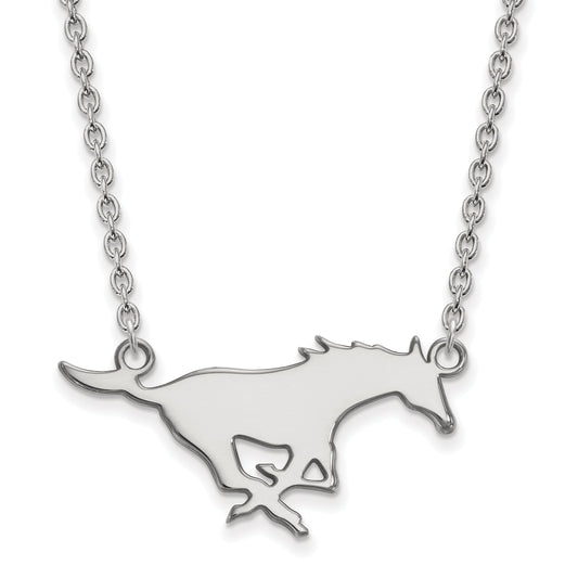 Sterling Silver Rhodium Plated Logoart Southern Methodist University Mustang Large Pendant 18 Inch Necklace