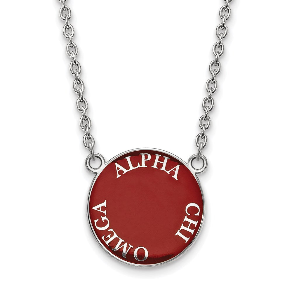 Sterling Silver Rhodium Plated Logoart Alpha Chi Omega Sorority Text Large Color Enamel Pendant 18 Inch Necklace