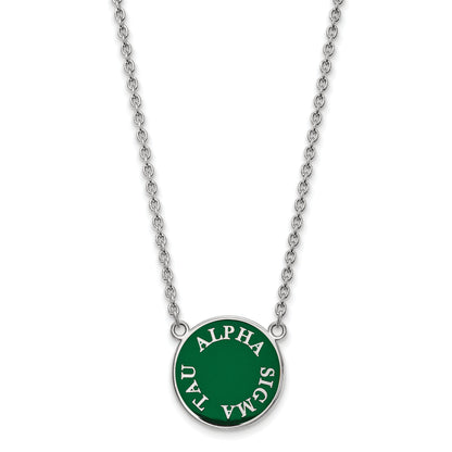 Sterling Silver Rhodium Plated Logoart Alpha Sigma Tau Sorority Text Large Color Enamel Pendant 18 Inch Necklace