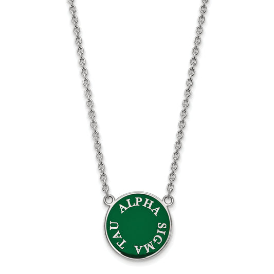 Sterling Silver Rhodium Plated Logoart Alpha Sigma Tau Sorority Text Large Color Enamel Pendant 18 Inch Necklace