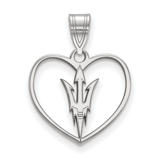 Sterling Silver Rhodium Plated Logoart Arizona State University Pitchfork Heart Pendant