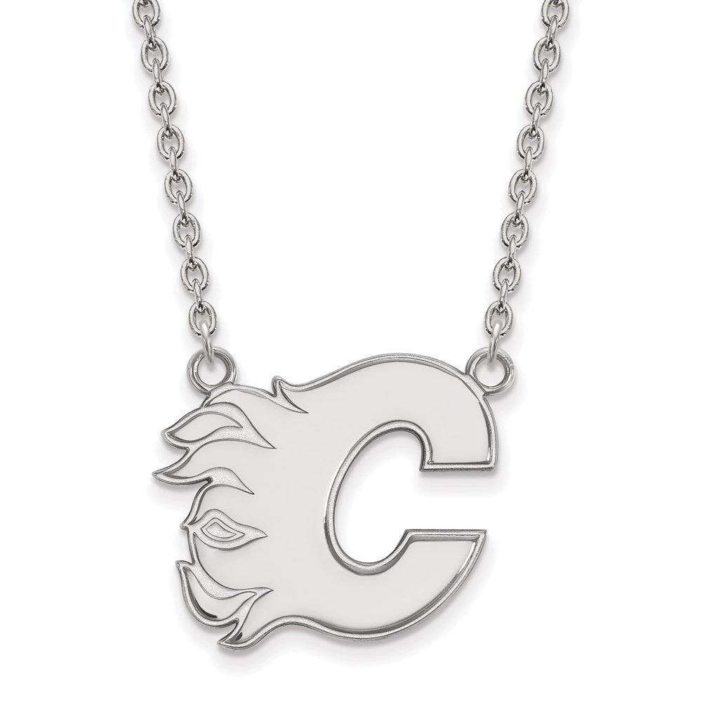 14K White Gold Nhl Logoart Calgary Flames Letter C Large Pendant 18 Inch Necklace