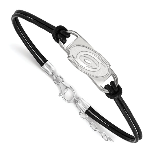 Sterling Silver Rhodium Plated Nhl Logoart Carolina Hurricanes Small Center Black Leather 7 Inch Bracelet With Extender