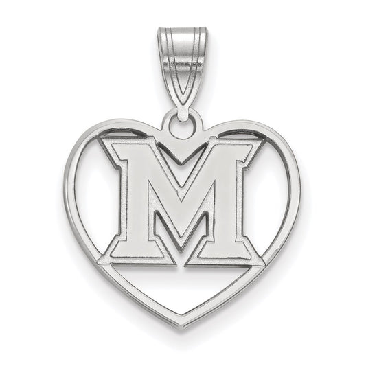 Sterling Silver Rhodium Plated Logoart Miami University Ohio Letter M Heart Pendant