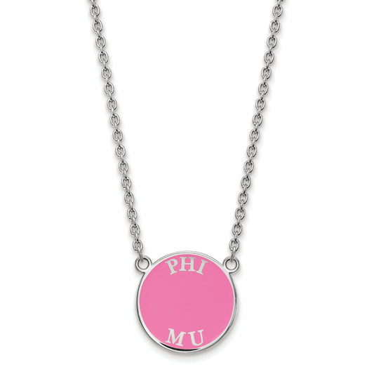Sterling Silver Rhodium Plated Logoart Phi Mu Sorority Text Small Color Enamel Pendant 18 Inch Necklace