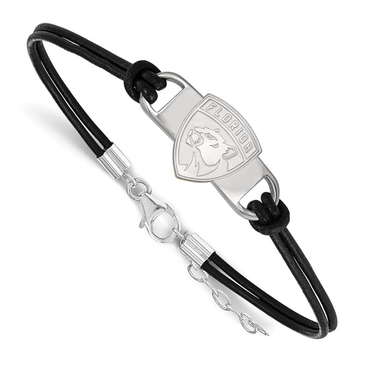 Sterling Silver Rhodium Plated Nhl Logoart Florida Panthers Small Center Black Leather 7 Inch Bracelet With Extender
