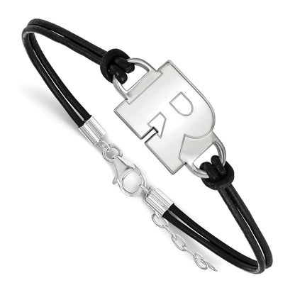 Sterling Silver Rhodium Plated Logoart Rutgers University Letter R Small Center Black Leather 7 Inch Bracelet With Extender