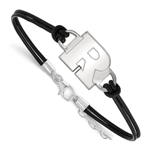 Sterling Silver Rhodium Plated Logoart Rutgers University Letter R Small Center Black Leather 7 Inch Bracelet With Extender