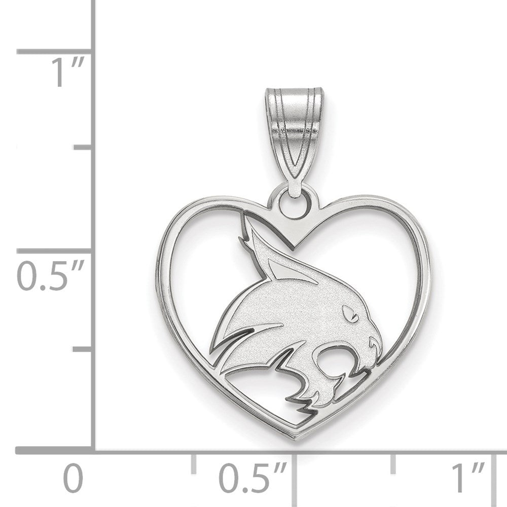 Sterling Silver Rhodium Plated Logoart Texas State University Bobcat Heart Pendant