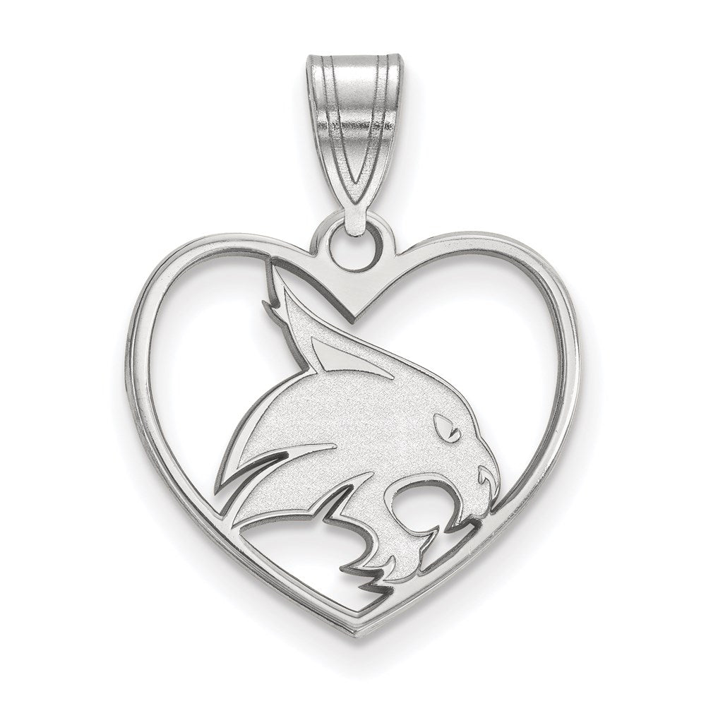 Sterling Silver Rhodium Plated Logoart Texas State University Bobcat Heart Pendant