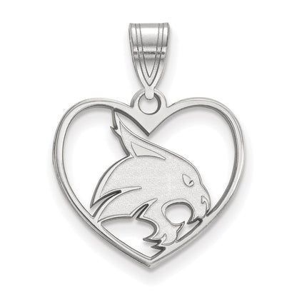 Sterling Silver Rhodium Plated Logoart Texas State University Bobcat Heart Pendant