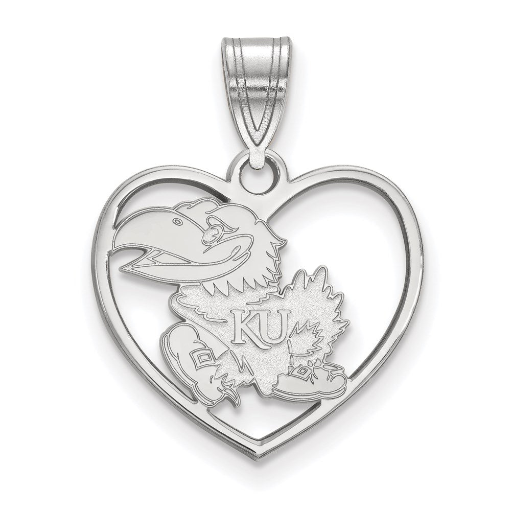 Sterling Silver Rhodium Plated Logoart University Of Kansas Jayhawk Heart Pendant