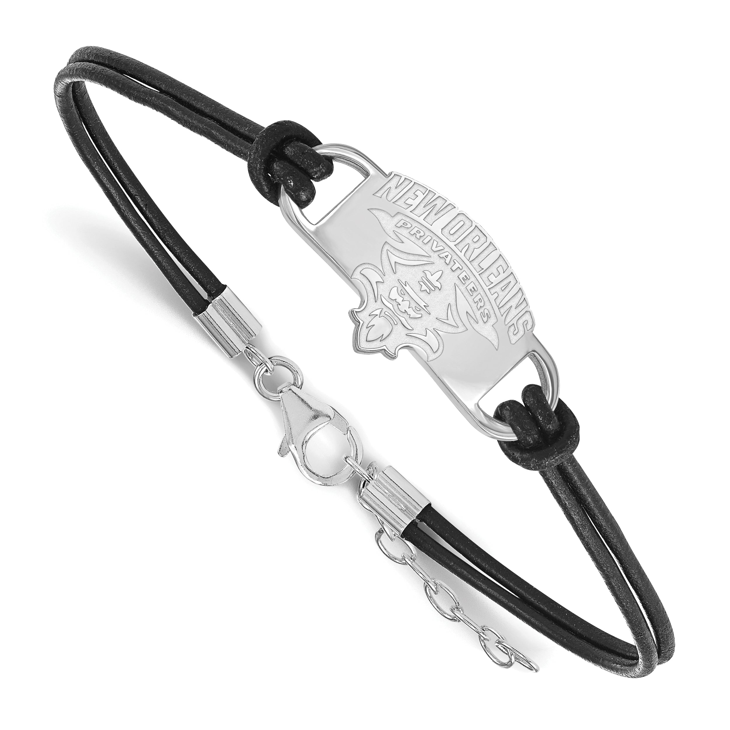 Sterling Silver Rhodium Plated Logoart University Of New Orleans U N O Small Center Black Leather 7 Inch Bracelet With Extender