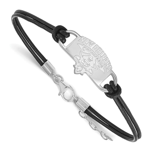 Sterling Silver Rhodium Plated Logoart University Of New Orleans U N O Small Center Black Leather 7 Inch Bracelet With Extender