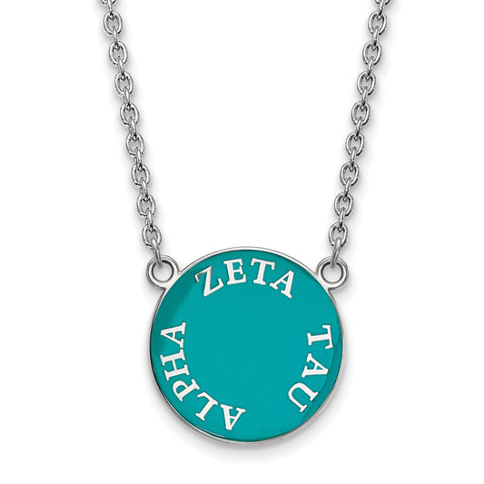Sterling Silver Rhodium Plated Logoart Zeta Tau Alpha Sorority Text Large Color Enamel Pendant 18 Inch Necklace