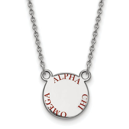 Sterling Silver Rhodium Plated Logoart Alpha Chi Omega Sorority Text Small Color Enamel Pendant 18 Inch Necklace