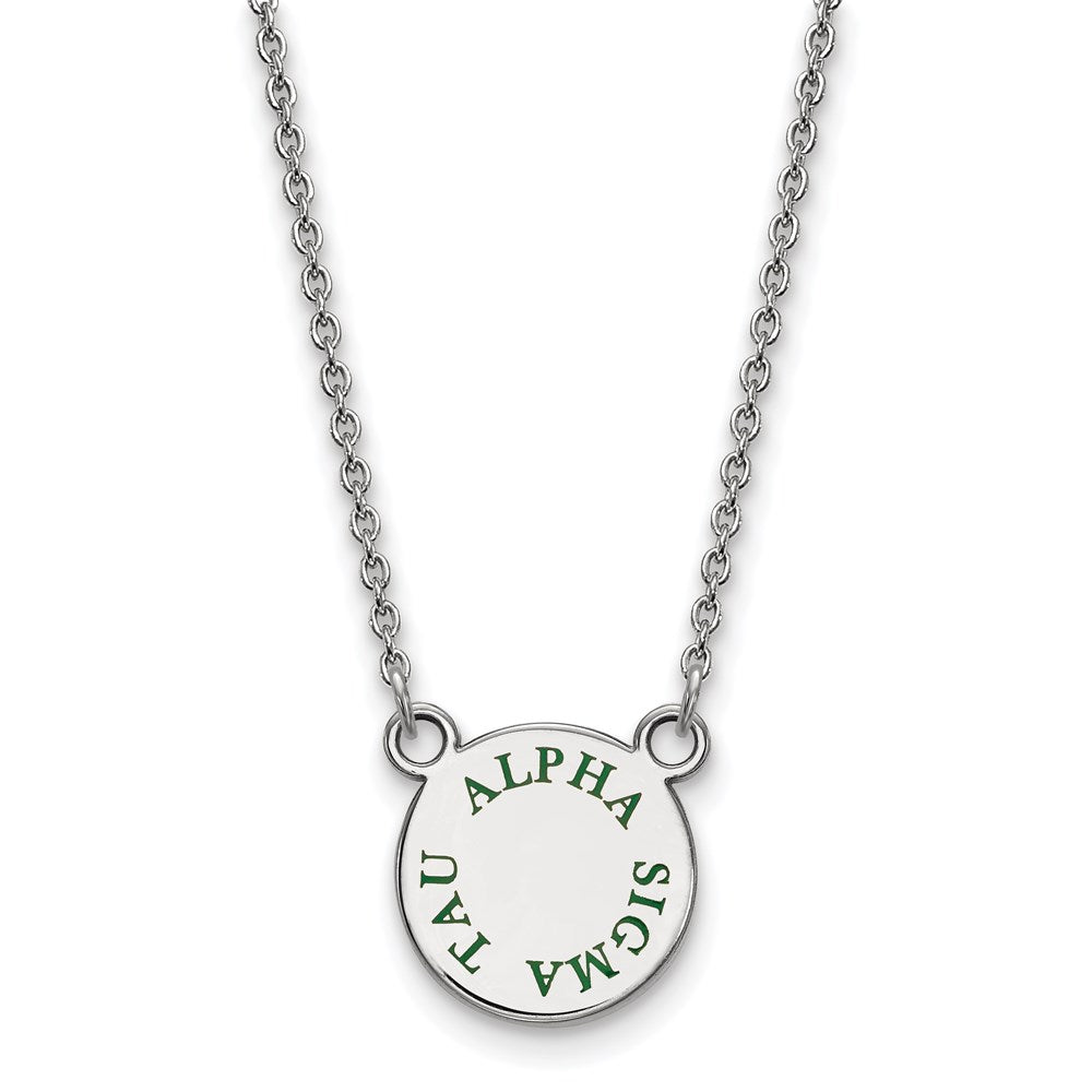 Sterling Silver Rhodium Plated Logoart Alpha Sigma Tau Sorority Text Small Color Enamel Pendant 18 Inch Necklace