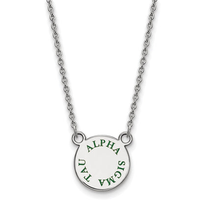 Sterling Silver Rhodium Plated Logoart Alpha Sigma Tau Sorority Text Small Color Enamel Pendant 18 Inch Necklace