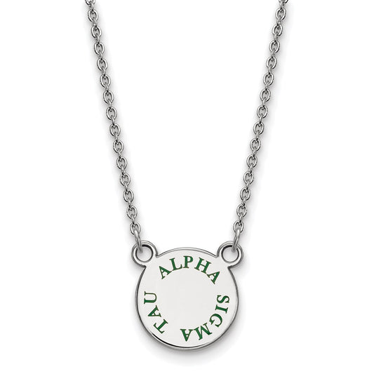 Sterling Silver Rhodium Plated Logoart Alpha Sigma Tau Sorority Text Small Color Enamel Pendant 18 Inch Necklace