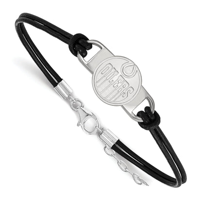 Sterling Silver Rhodium Plated Nhl Logoart Edmonton Oilers Small Center Black Leather 7 Inch Bracelet With Extender