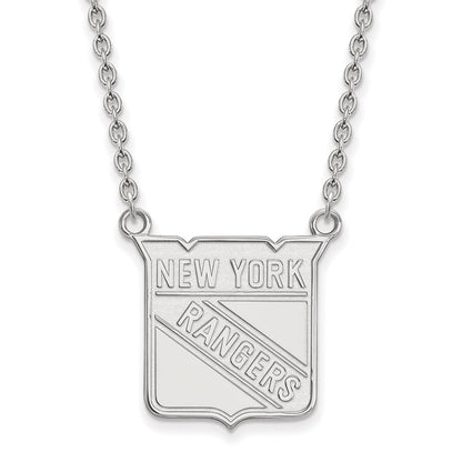 Sterling Silver Rhodium Plated Nhl Logoart New York Rangers Large Pendant 18 Inch Necklace