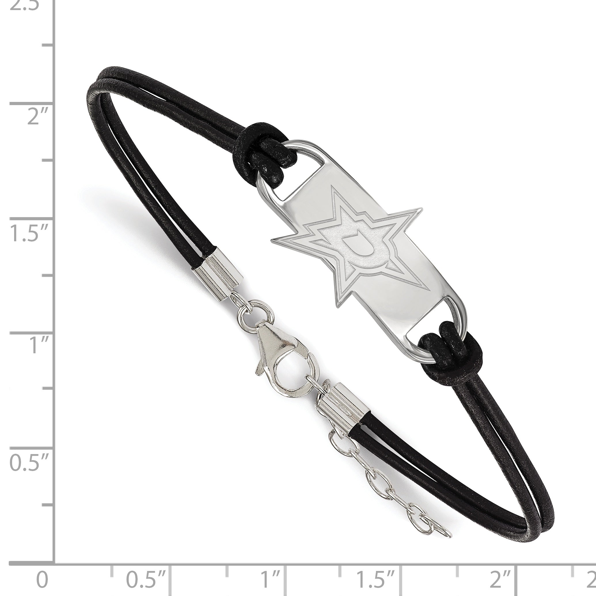 Sterling Silver Rhodium Plated Nhl Logoart Dallas Stars Small Center Black Leather 7 Inch Bracelet With Extender