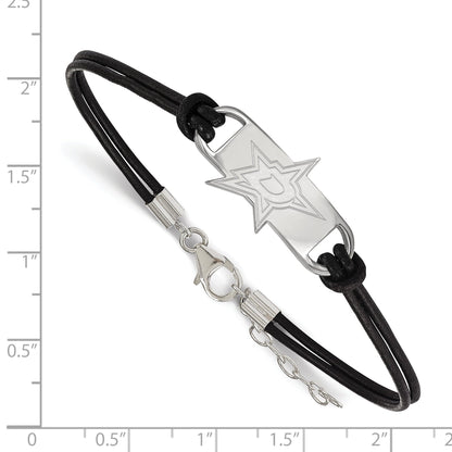 Sterling Silver Rhodium Plated Nhl Logoart Dallas Stars Small Center Black Leather 7 Inch Bracelet With Extender
