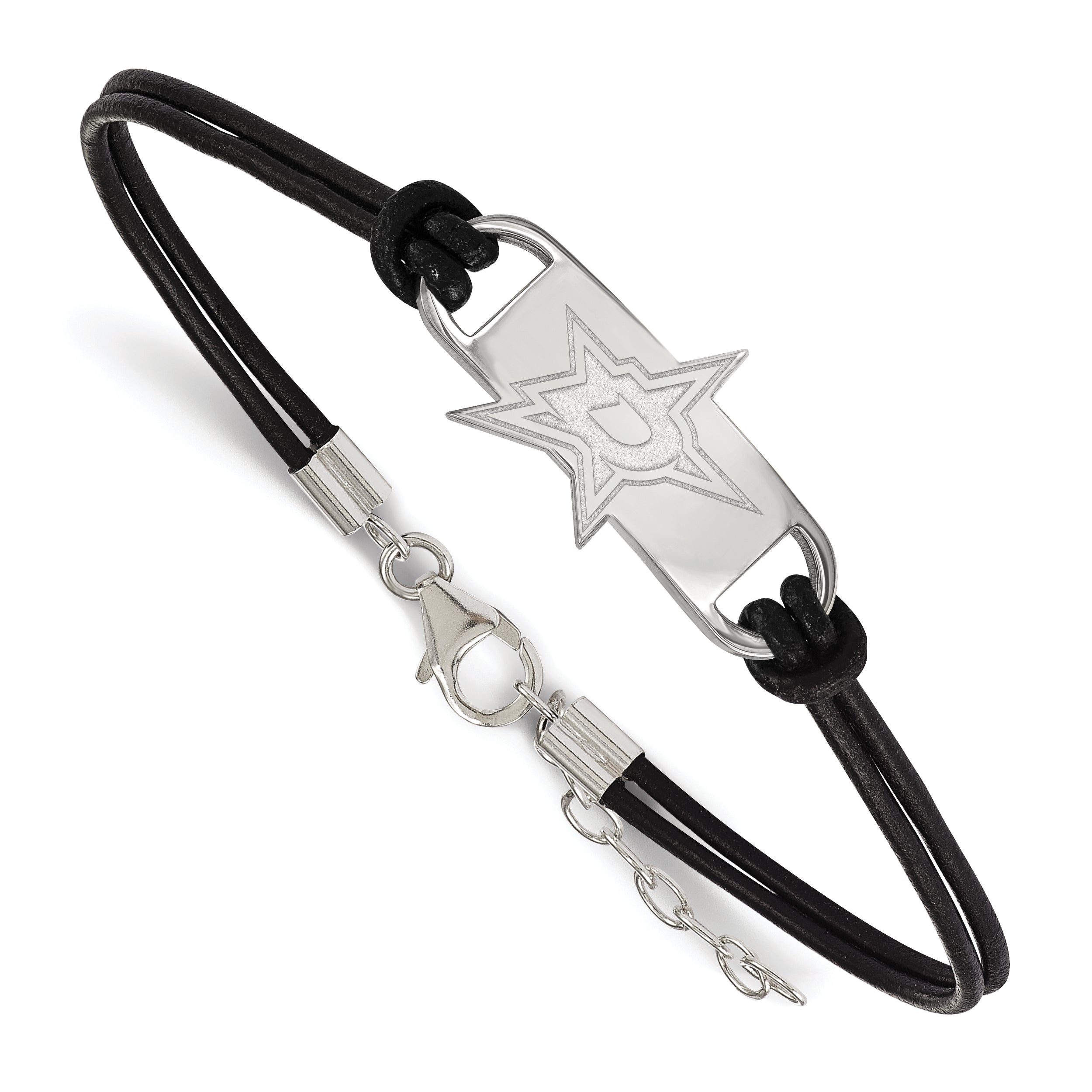 Sterling Silver Rhodium Plated Nhl Logoart Dallas Stars Small Center Black Leather 7 Inch Bracelet With Extender